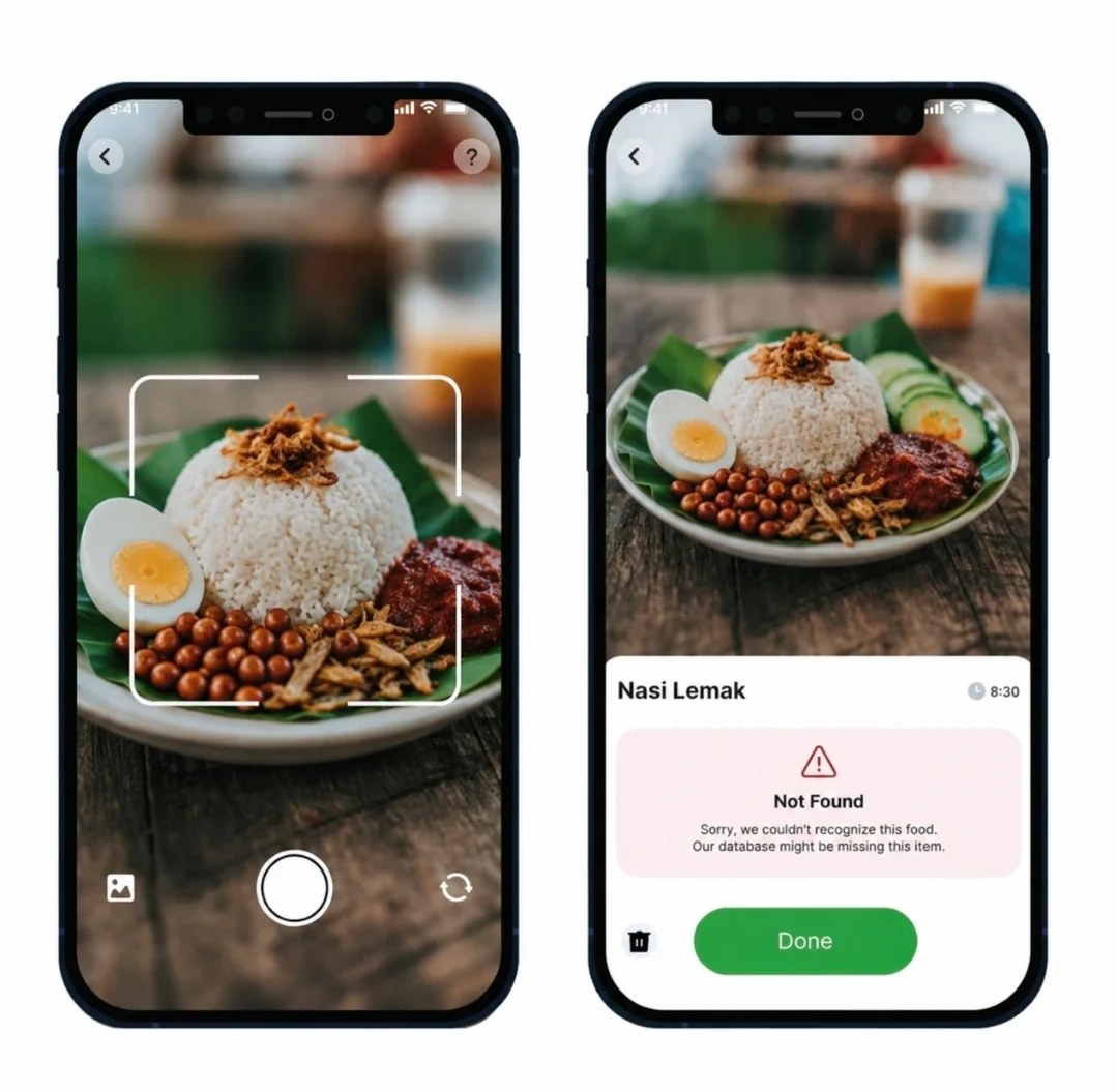 A generic calorie-scanning app failing to recognise a plate of nasi lemak: the result reads Not Found