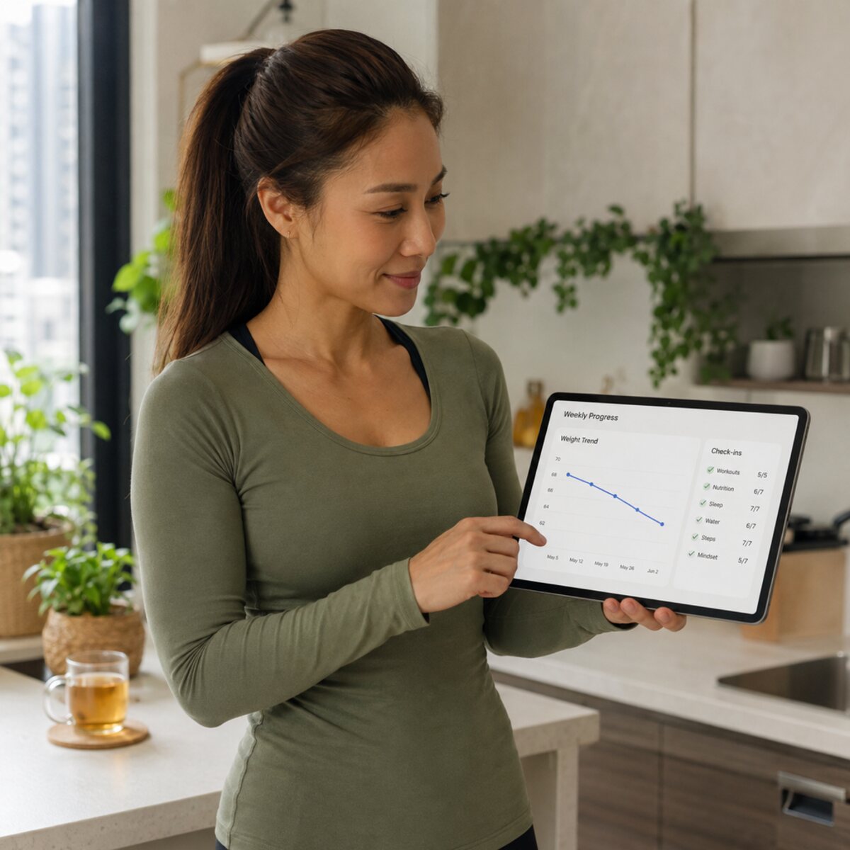 A FitLab coach reviewing a client’s weekly progress and check-ins on a tablet