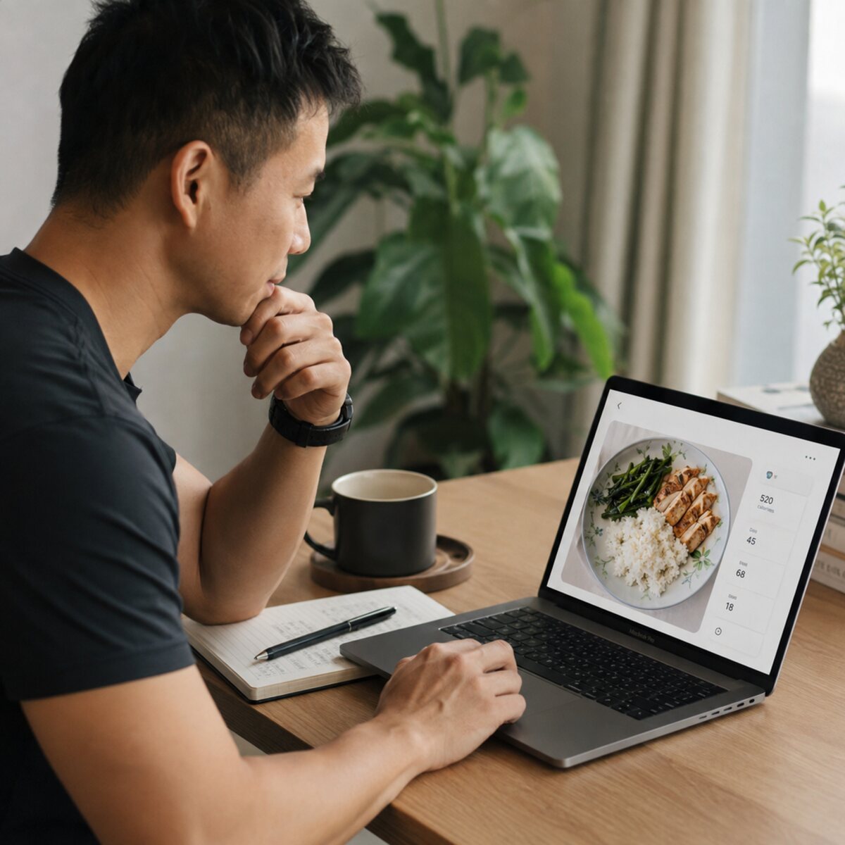 A FitLab coach reviewing a client’s submitted meal photo on a laptop