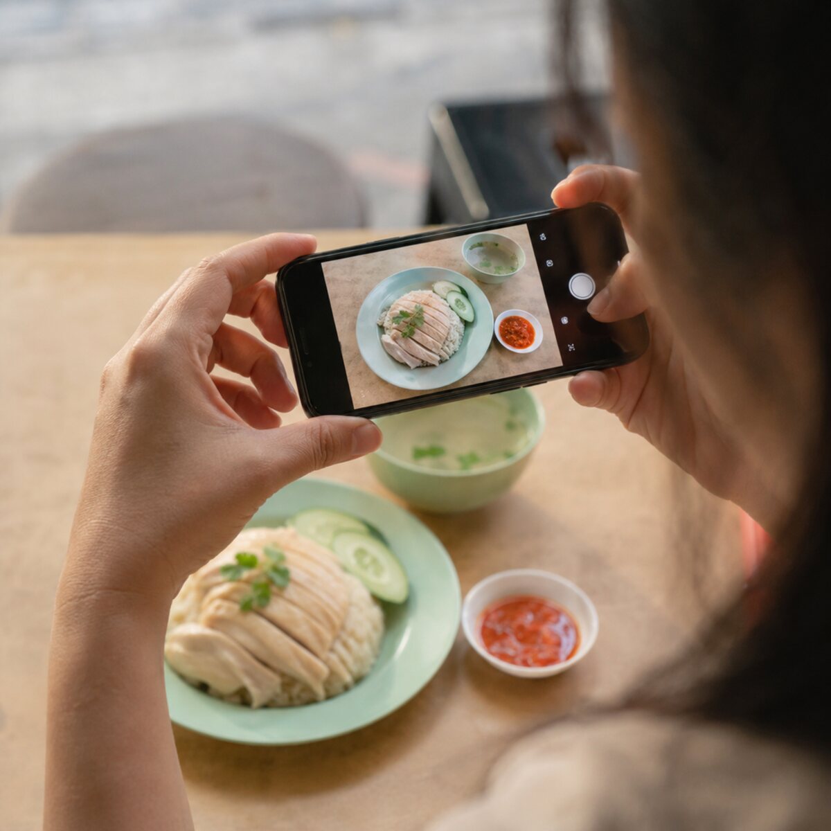 Holding a phone above a plate of chicken rice to photograph the meal