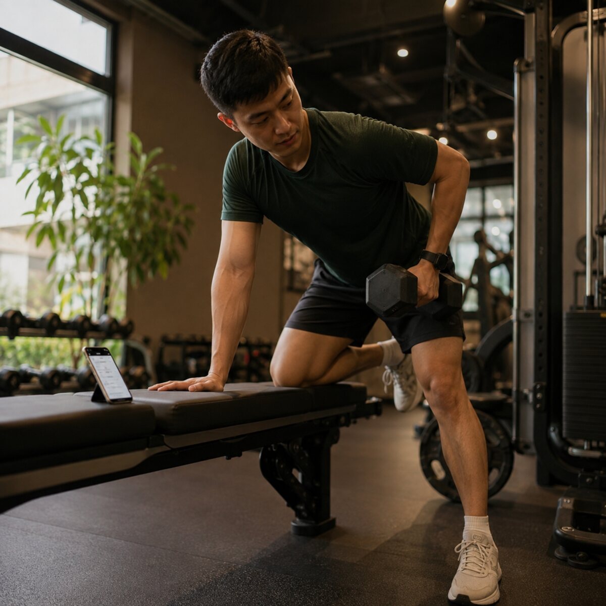 A member training in the gym following their program on their phone