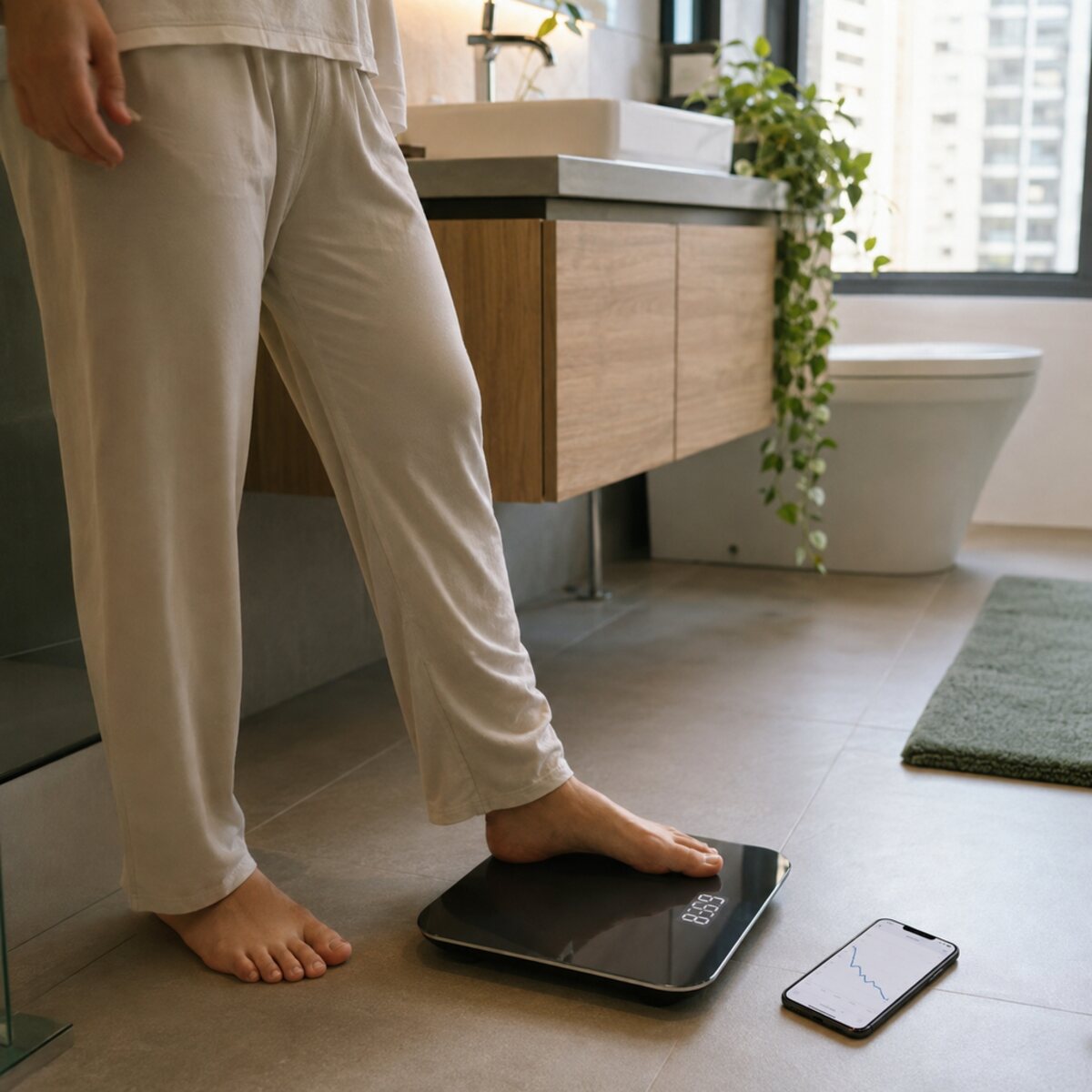 Stepping onto a digital scale with a phone showing a weight trend beside it